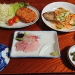 鈴豊 - 料理写真:夕食一例。カボチャサラダ、カボチャコロッケ、肉じゃが、イサキの南蛮風、お刺し身