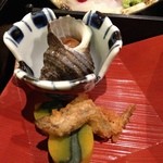 お宿　木の葉 - 姫サザエ旨煮☆稚鮎香味揚げ☆さつま芋クリームチーズ焼き