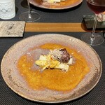 FRUTTO - ホワイトアスパラガス（半熟卵と馬肉の肉団子）