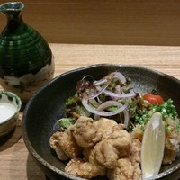 手打ちそば 大石 - 唐揚げぽん酢と日本酒(獺祭)