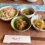 民家レストラン伊萬里亭 - サラダに手作り豆腐（これ、めちゃ美味い）、ふきの煮物、たけのこの煮物