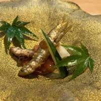 桂 - 稚鮎の唐揚げ、梅肉とスイカを刻んだソース