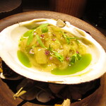 yokoyama - ホッキ貝 岩牡蠣 帆立 海月 翡翠茄子のジュレ わさびオイル 菜の花のソース