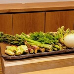 勢麟 - 今日の山菜、蕗の薹、うど、たらの芽、コシアブラ、アスパラガス、新玉葱