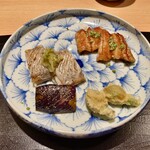 Ryouri - 鰻の照り焼きと太刀魚の塩焼き 葱坊主の天ぷら 揚げ水茄子