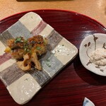 おかもと - ホワイトアスパラガスを岡山県の海鰻で巻いたもの　胡桃豆腐ソースは別皿で