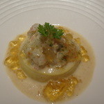 エルルカン・ビス - 海老のムースと車海老 コーンのジュレと桜海老のソース