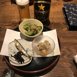 蕎麦小路 さわらび - 前菜：つぶ貝、稚鮎、ゴーヤのおひたし