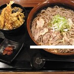 きのくにや - 肉そば(冷・大盛り3倍)+ミニ丼(天丼)セット