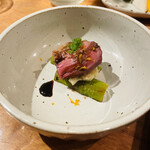 焼鳥 美鶏 - 鴨の？？ ここら辺から説明の記憶曖昧 パルサミコとアスパラ？の間に柑橘系の皮を削ったものが…