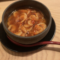 來経 - 桜海老の茶わん蒸し。辛そうだけど辛くはない。こんなに美味しい桜海老ははじめて。しゃっきしゃき。