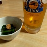 居酒屋焼とり ひで - お通し、生ビール～。