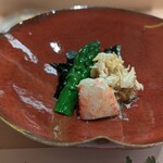 鮨みやもと - 酢の物（毛ガニ、生若布、アスパラガス）