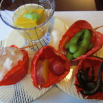 割烹 新多久 - 八寸　鯛の棒鮨やカボチャ豆腐など