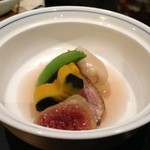 お宿　木の葉 - 煮物☆無花果、合鴨ワイン煮、冷やし冬瓜クリーム漬け、南京、スナップエンドウ