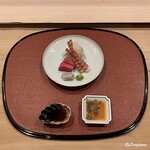 御料理 寺沢 - 星鰈 縁側､天然本鮪 中トロ､車海老のあらい､星鰈の造り