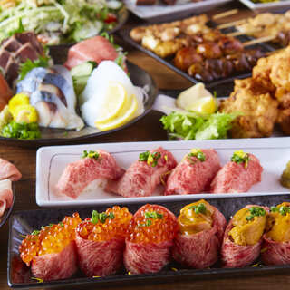 Many great courses! Includes 3 types of Japanese beef Sushi and all-you-can-drink♪