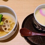 豆富と釜飯 翁 - ④蓮根饅頭、揚げ蓮根チップ&獅子唐載せ
            ⑤茶碗蒸し、生麩&鶏肉、蒲鉾、椎茸入り