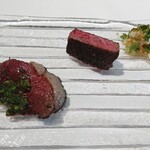 ウシマル - 房州産猪モモ肉ロース 山武産ジャージー牛リブロース 葉芹 柚子胡椒