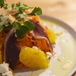 Raw Prosciutto and carrot rapé, cottage cheese and citrus fruit watercress salad