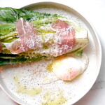“Caesar salad” with roasted romaine lettuce, warm eggs, and Prosciutto