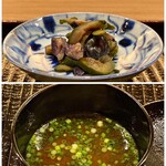 鎌倉 北じま - 自家製のしば漬け シジミの赤出汁
      生姜と胡瓜と茄子を刻み塩揉み、その後梅酢に漬け込むそうですが美味しかったです♪
      ここに茗荷もとなる所ですが、北嶋さんは7月頃出る天然の茗荷しか使わないそうですよ！