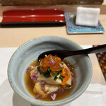 寿し あや瀬 - ごま豆腐の揚げ出し 蝦夷鮑とバフン雲丹乗せ