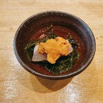天ぷら たけうち - 相島のムラサキウニ、銚子の金目鯛、そうめんもずく