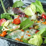 Carpaccio from Tsukiji Market with seaweed dressing and salad from Okuma Gardening