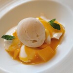モンドヴィーノ - マンゴーソースのヨーグルトパンナコッタにバニラアイス