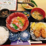 Shokudou Takahiro - アカバラ刺身と鮟鱇唐揚定食、白味噌もつ煮込みハーフ