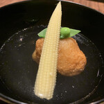 Washoku Shinkuro - 海老の揚げしんじょうのお椀 ヤングコーン スナップえんとう