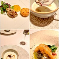 ル・ピエロ - 左上　馬肉ユッケ、桜海老？のもちもちパン。右上　トリュフの茶碗蒸し風。魚はフリットで蒸し鮑とスープ仕立て。