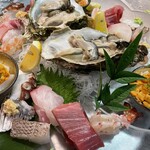 Fukaebashi Jouji - 熊本天草の岩牡蠣入りお造り盛り合わせ
      イカウニ、明石タコ、どんちっちあじきずし、車海老に
      天然真鯛松皮造り、チャイロマルハタ、本鮪
      どれも美味い