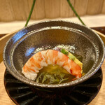 日本料理 かしづき - とうもろこしの豆腐、茹でたて車海老、ジュンサイ