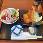海鮮めし屋 磯人 - 磯人丼¥2480と日替りのセットフライ（あじフライ　エビフライ　野菜フライ）¥680