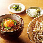 Chicken minced rice bowl and homemade Nihachi soba