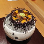 神保町 傳 - 友人ご夫妻はエゾムラサキウニに鮑です。