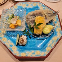 赤坂 鮨 ふくなが - めひかり揚げ物 嶽きび 空豆 穴子の白焼き ホヤの酢の物