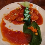 中華バルSAISAI。 - 平目と季節の野菜の唐揚中華的トマトソースがけ