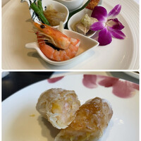 広東料理　翡翠廳 - 前菜盛り合わせ・海老のオブラート包み揚げ