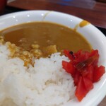 そば処 更科 - 豚バラ小間切りたっぷりと”時々”玉ねぎ。綺麗な福神漬。