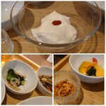 Hinabemitayakuzen Natume - 薬膳養生粥  1,000円✨この日の小鉢はひじき煮、ピクルス、菜の花のお浸しに、よだれ鶏でした。杏仁豆腐もつきます。