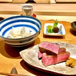 炎水 - 宮崎野崎牛とはつしも　こちらの火の入りがいつも素晴らしくいい焼き上がりに感動です。　いりこ出汁のなめこ赤出汁が又旨い！