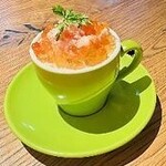 Sea urchin mousse with snow crab, salmon roe, and tomato consommé jelly