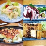 ポテトサラダ￥380/ジャガイモとベーコンのチーズ焼き￥500/タコワサ￥480/厚揚￥380