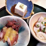 三扇 - ﾎﾀﾙｲｶ酢味噌+生ﾀｺぽん酢+胡麻豆腐