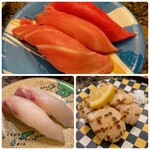 Mawaru Sushi Mekkemon - 本まぐろ三貫、石鯛、生ホタテ炙りレモン塩