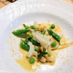 La Brianza - アオリイカ手打ちタリアテッレヤングコーングリンピーススナップエンドウからすみ。たぶん自家製のからすみ、これがいい感じに全体をまとめてて美味しかった☆タリアテッレのモチモチ食べ心地も好きでした
