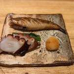 天ぷら たけうち - メヒカリ一夜干し、蛸の燻製